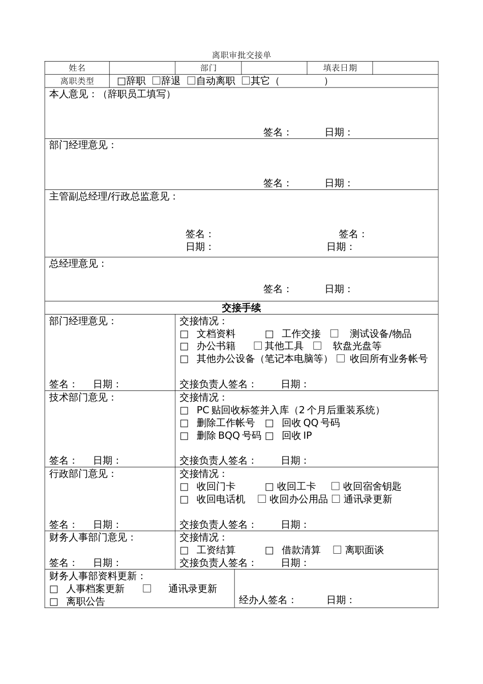 人事管理制度 HR06离职审批交接单_第1页