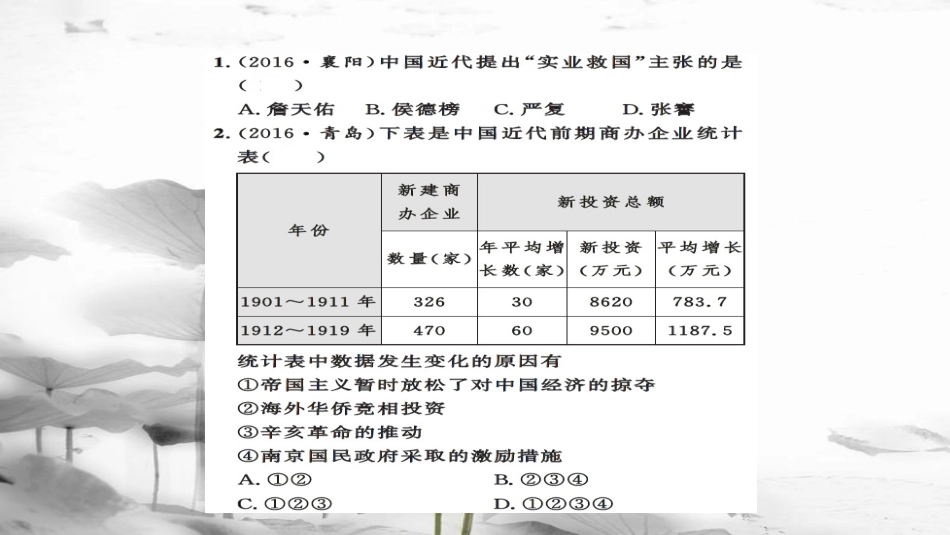 安徽省中考历史 基础知识夯实 模块二 中国近代史 第六主题 中国近代经济和社会生活 科学技术和思想文化课后提升课件[共12页]_第2页