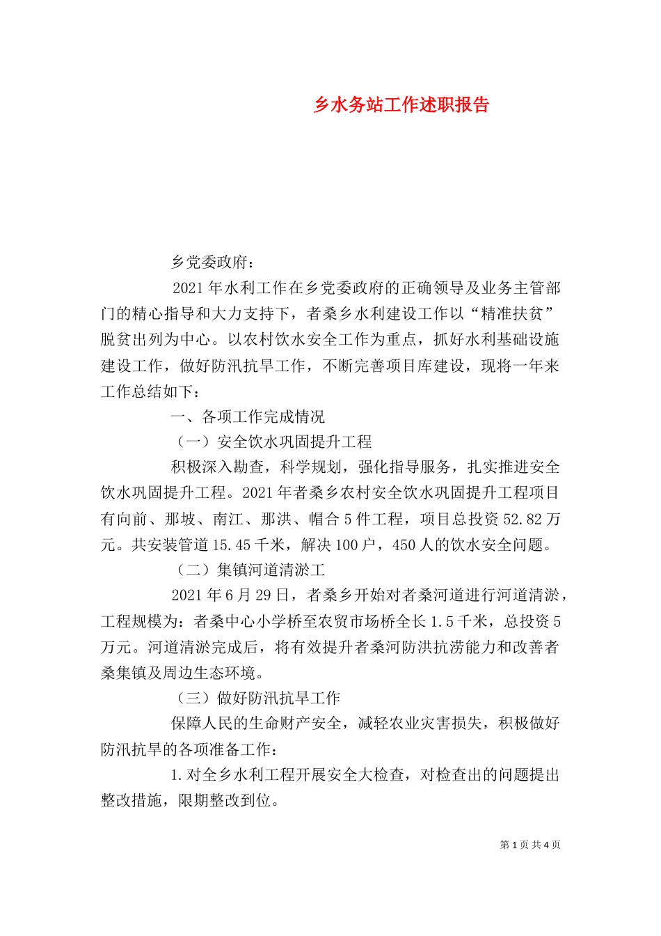 乡水务站工作述职报告_第1页