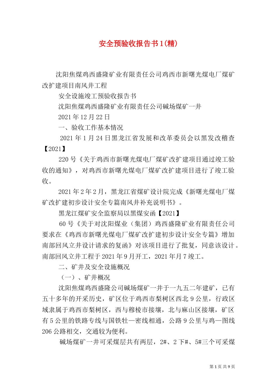 安全预验收报告书1(精)（二）_第1页