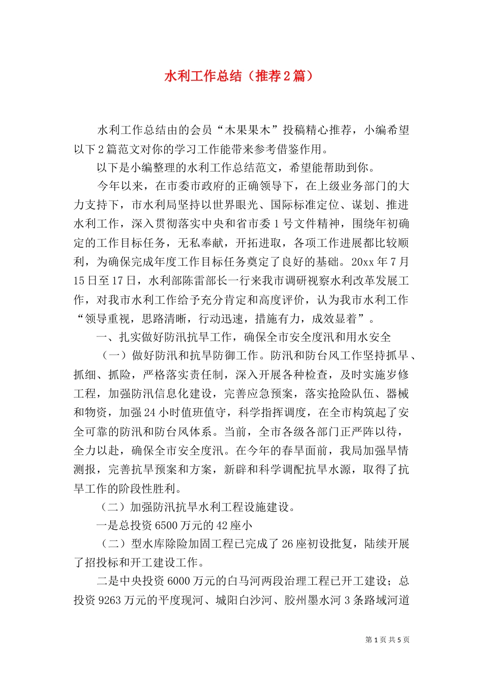 水利工作总结（推荐2篇）_第1页