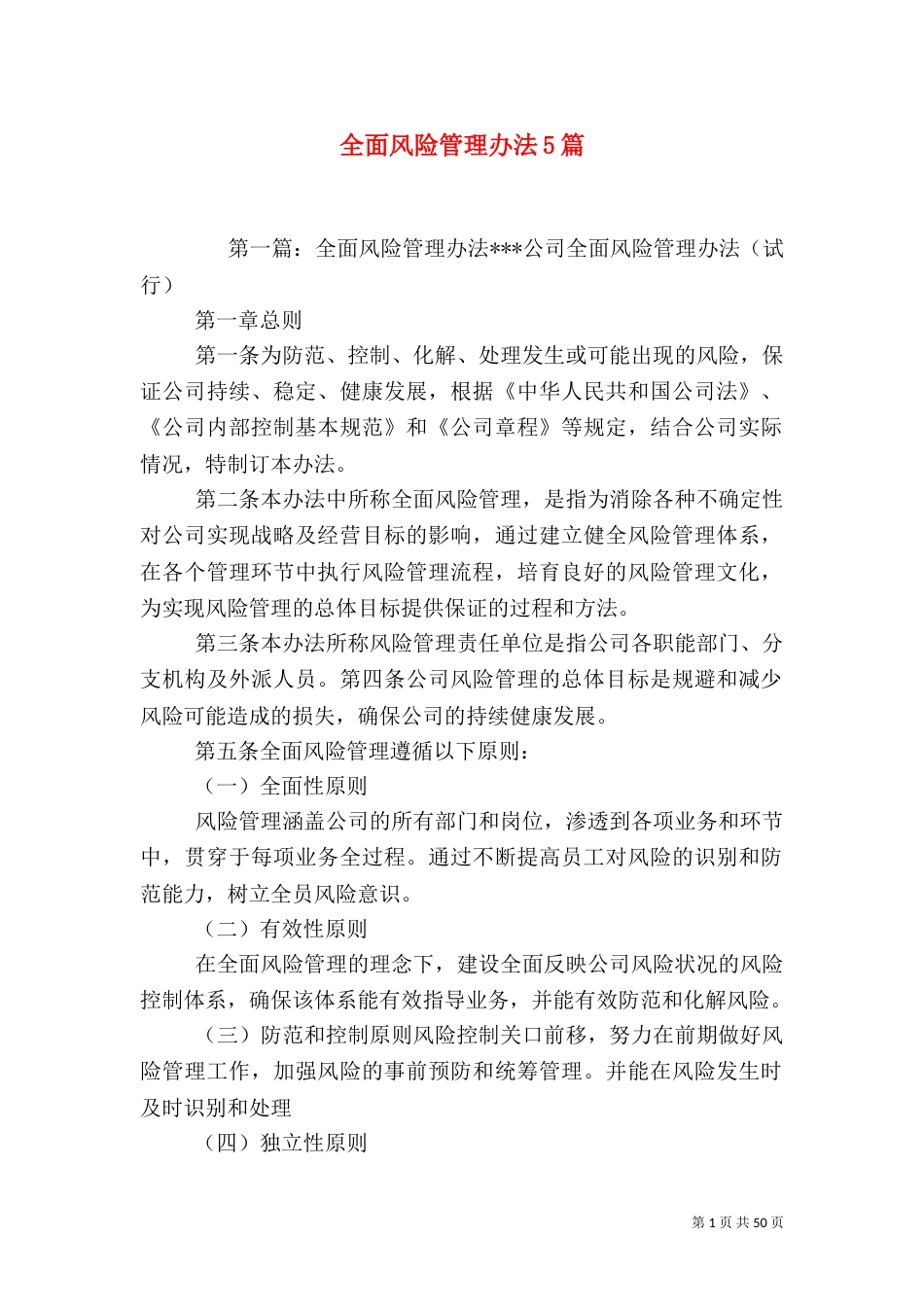 全面风险管理办法5篇_第1页