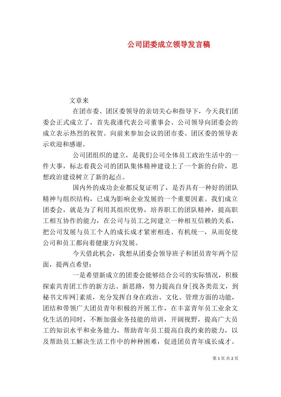 公司团委成立领导发言稿_第1页