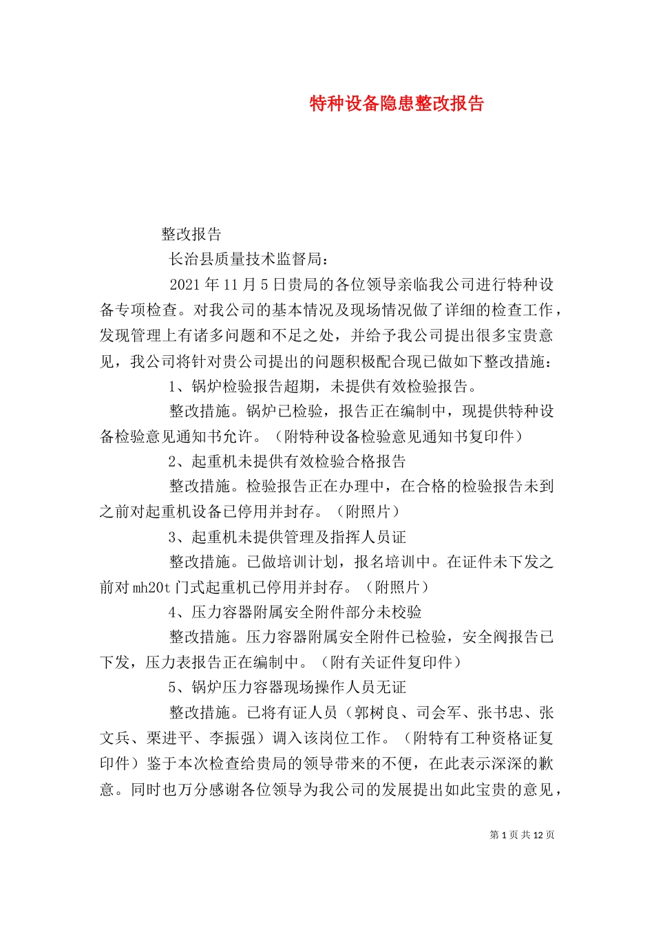特种设备隐患整改报告_第1页