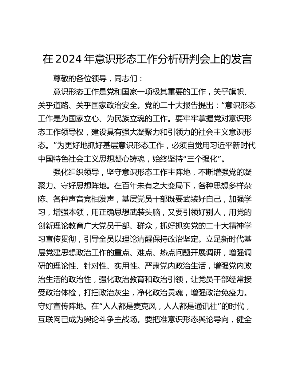 在2024年意识形态工作分析研判会上的发言_第1页