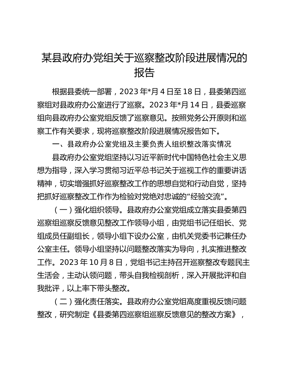 某县政府办党组关于巡察整改阶段进展情况的报告2024-2025_第1页