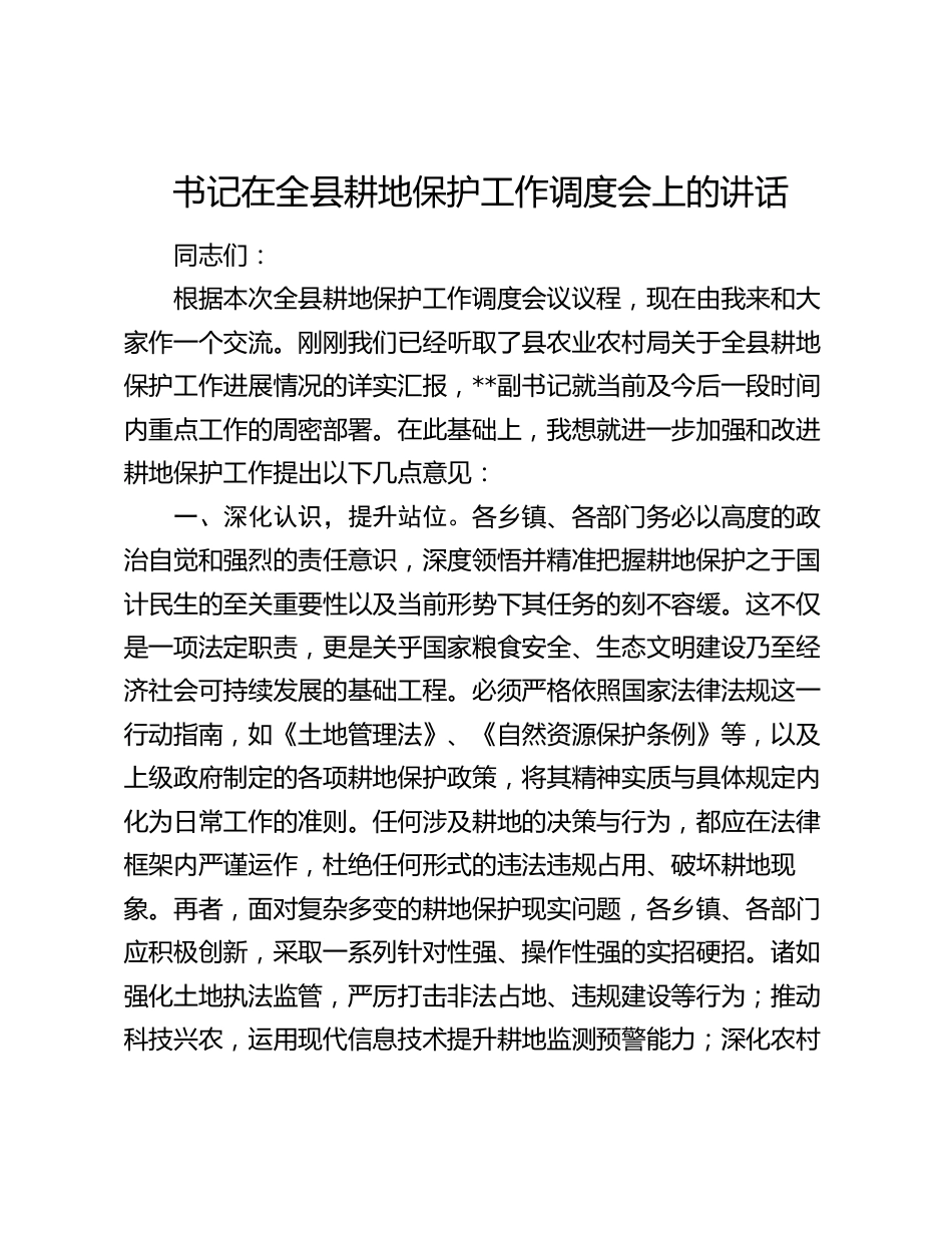 书记在2024全县耕地保护工作调度会上的讲话_第1页