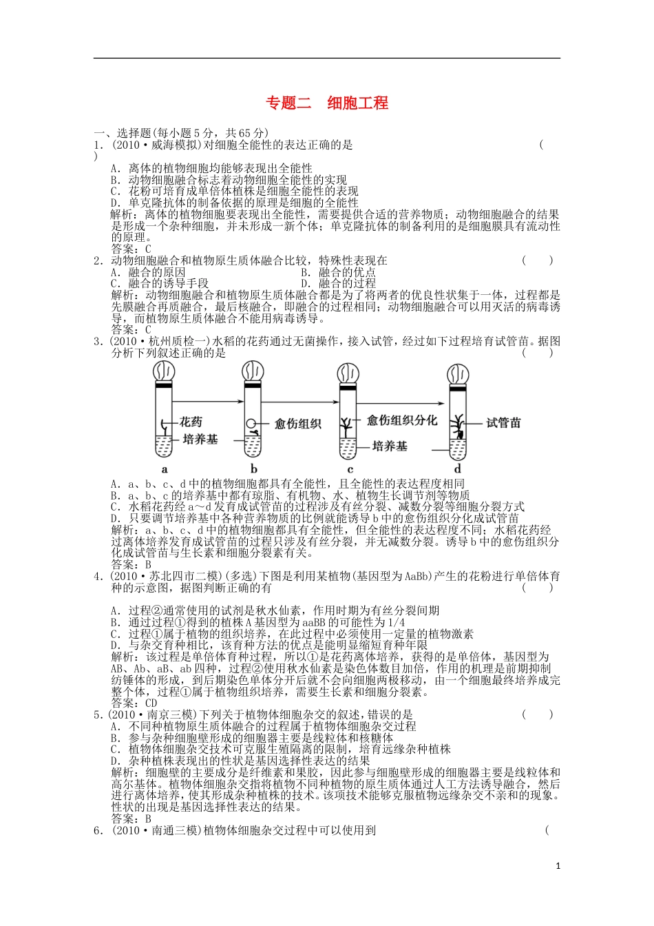 《创新设计》 2012高考生物总复习 现代生物科技专题细胞工程精品练习 选修3_第1页