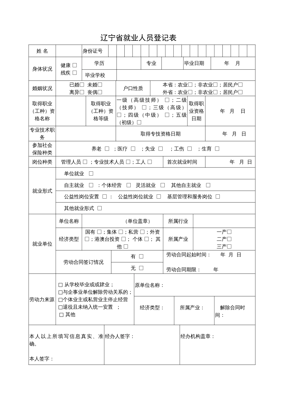 《辽宁省就业人员登记表》新版_第1页