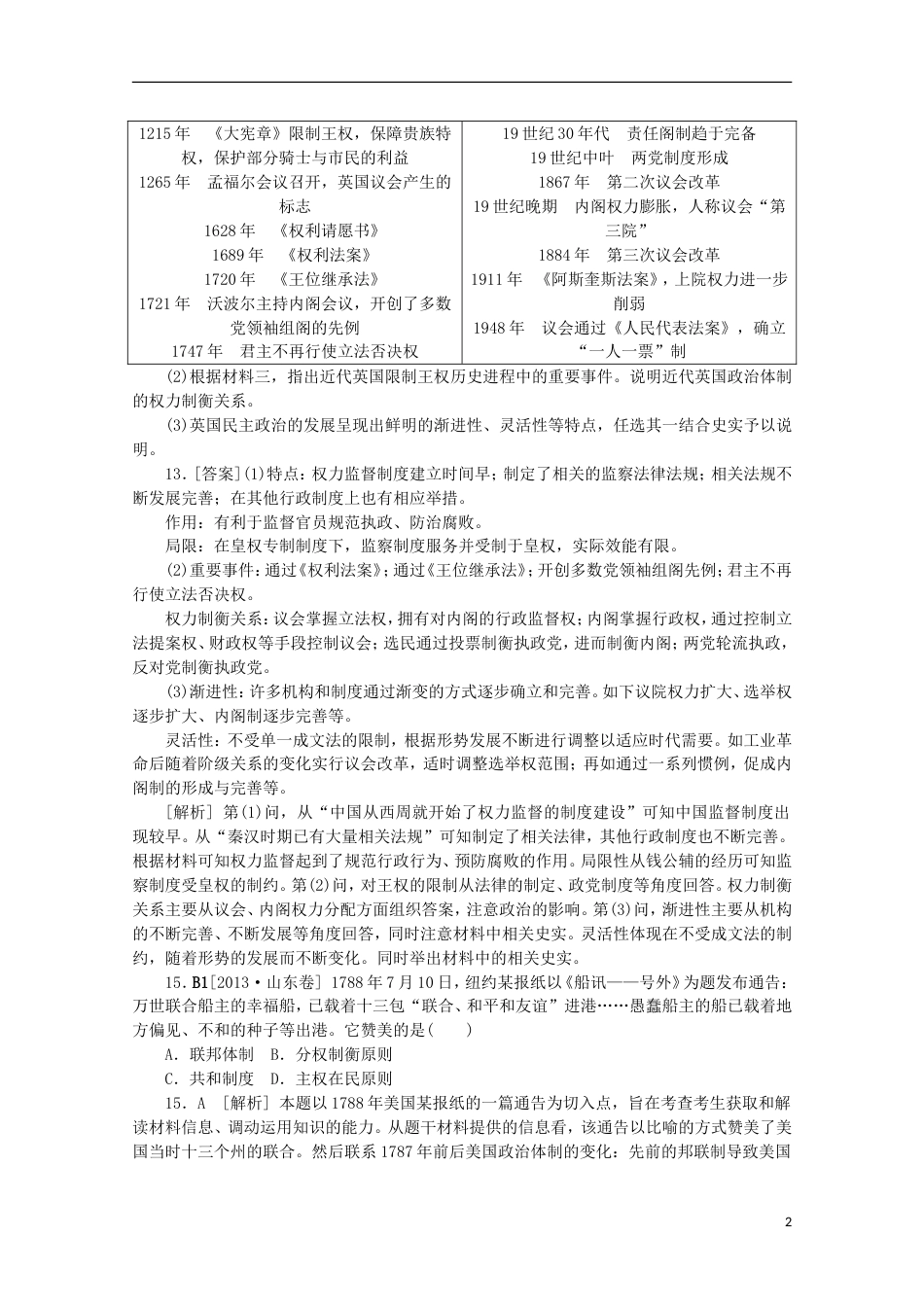 【备考】高考历史 （真题模拟新题分类汇编） 近代西方资本主义政治制度的确立与发展_第2页