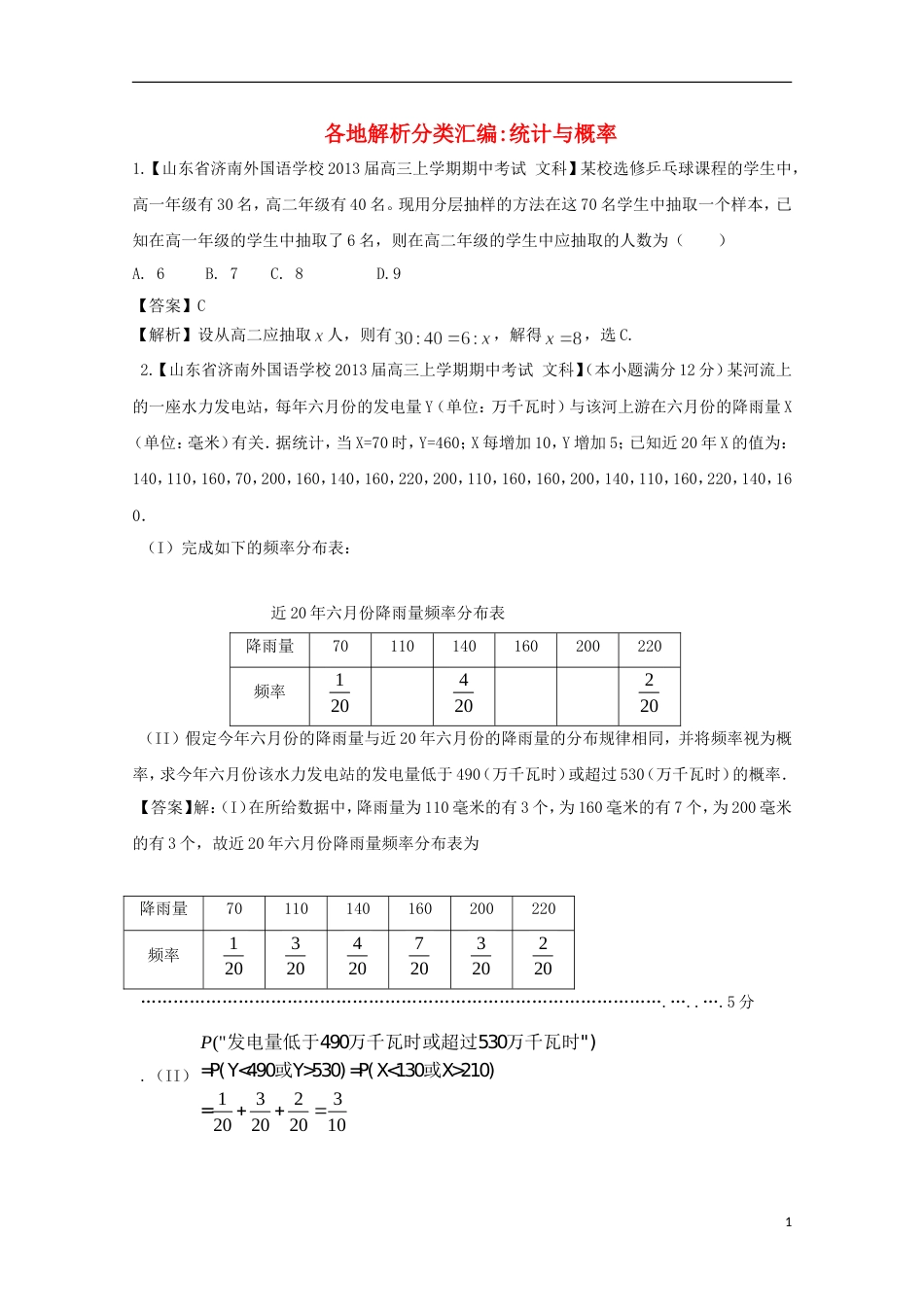 【备考】高考数学各地名校试题解析分类汇编（一）10 统计与概率 文_第1页