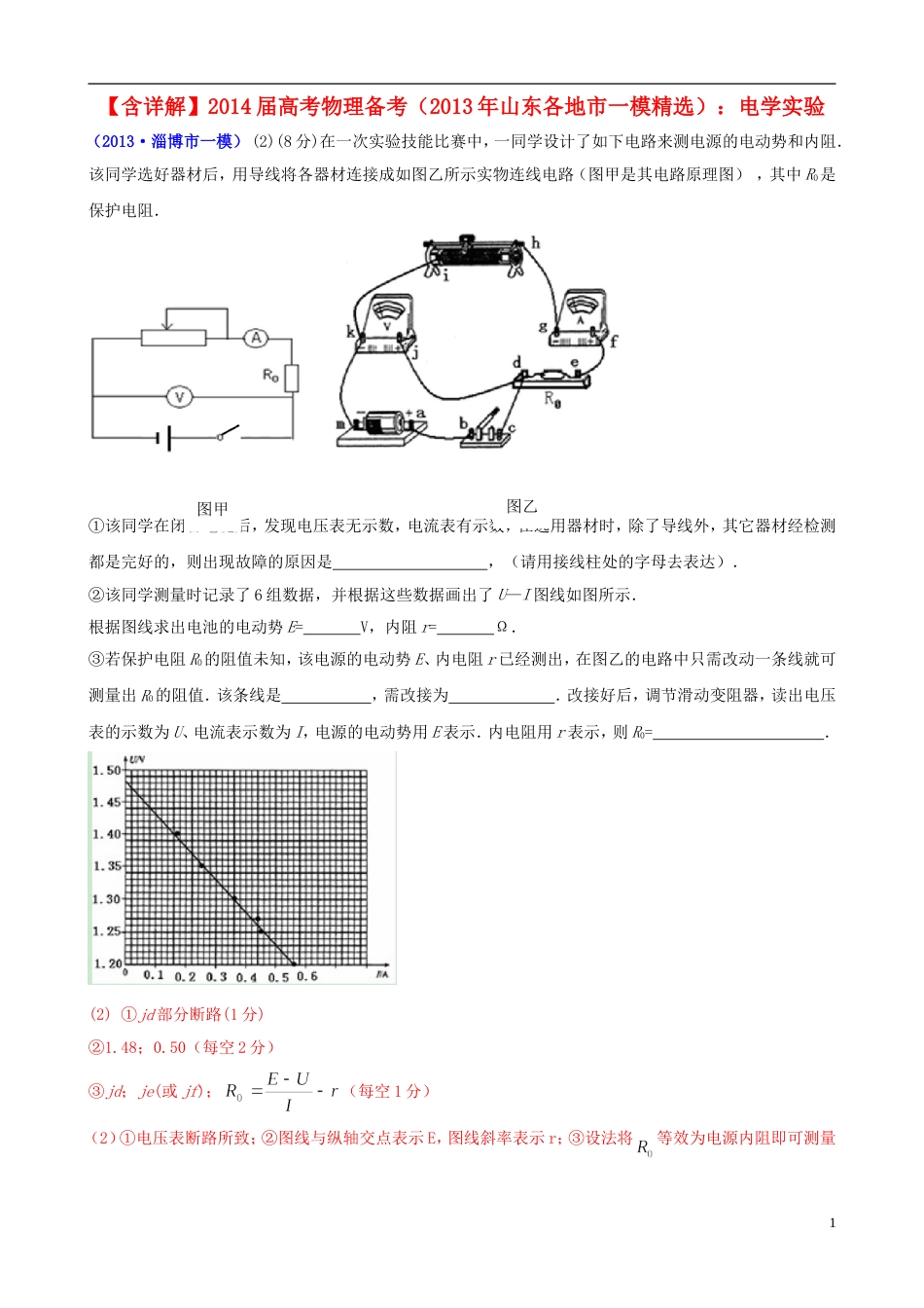 【备考】山东省各地市高考物理 一模精选试题 电学实验_第1页