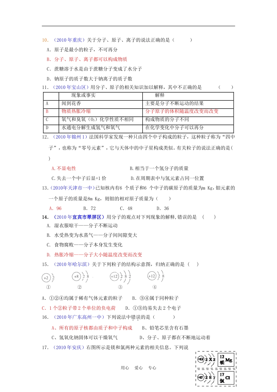 【备战黄冈】2010—全国各地中考化学精品模拟试题重组汇编之微粒构成物质1_第2页