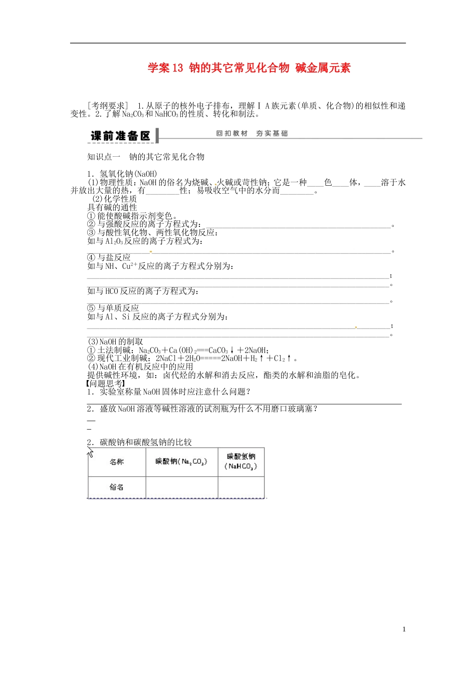 【步步高】（广西专用）届高考化学一轮复习 第三章 钠的其它常见化合物 碱金属元素学案_第1页