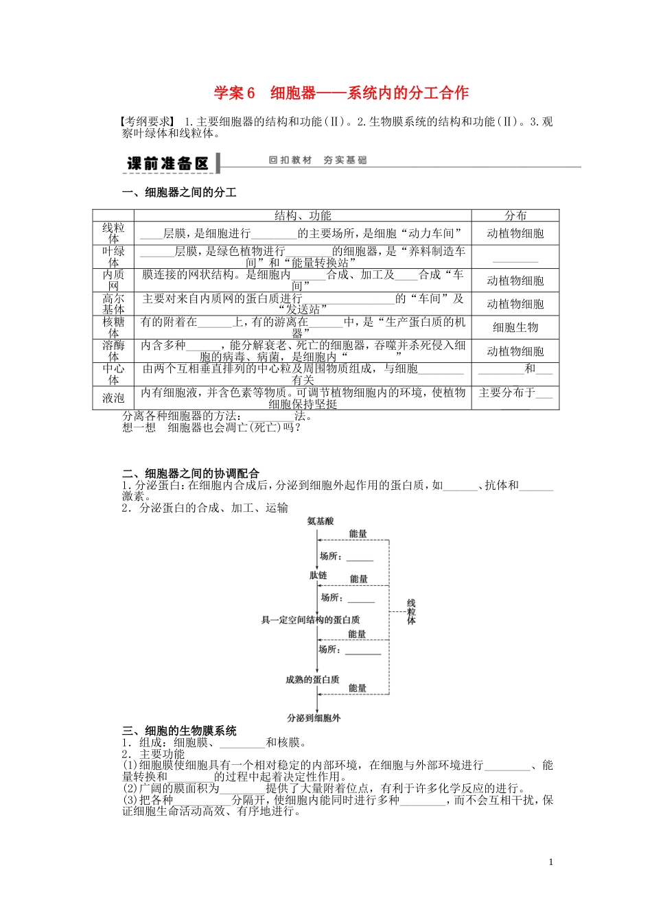 【步步高】高考生物大一轮复习 第二单元 学案6　细胞器——系统内的分工合作_第1页
