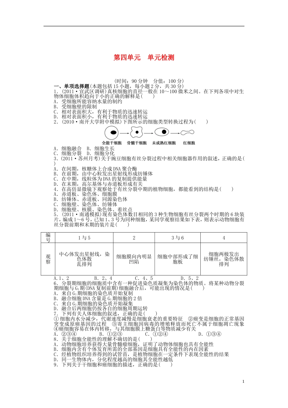 【步步高】高考生物大一轮复习 第四单元 单元检测_第1页