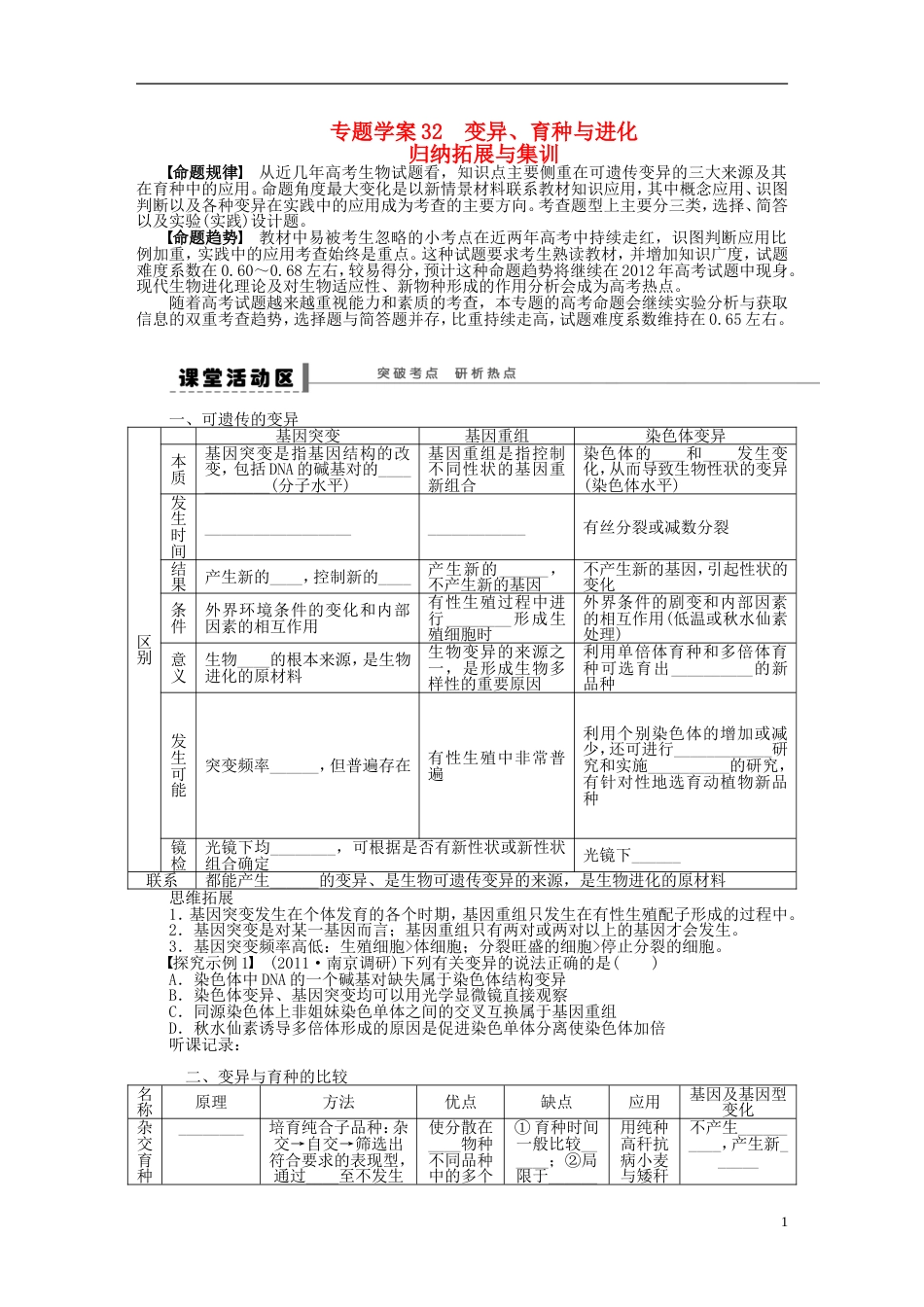 【步步高】高考生物大一轮复习 专题学案32 变异_第1页