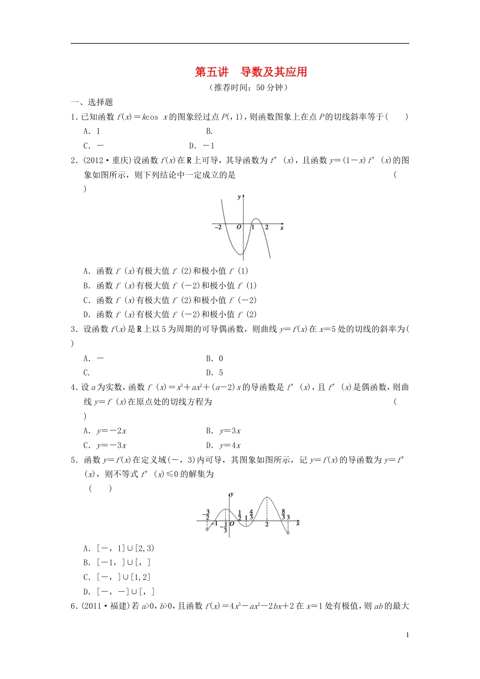 【步步高】高考数学 考前3个月（上）专题复习 专题一第五讲 导数及其应用配套限时规范训练_第1页