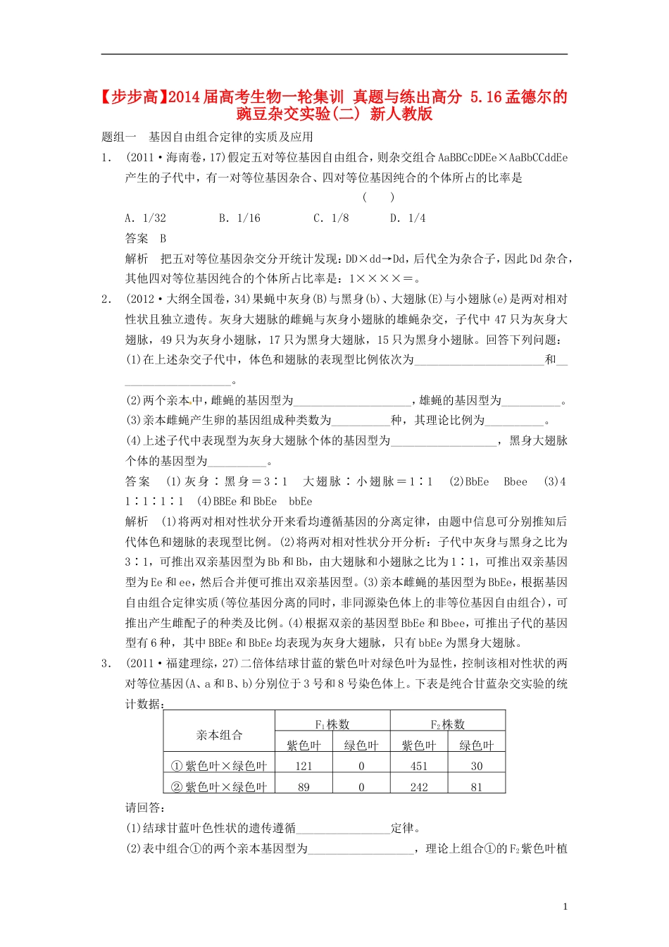 【步步高】届高考生物一轮集训 真题与练出高分 5.16孟德尔的豌豆杂交实验二 新人教版_第1页