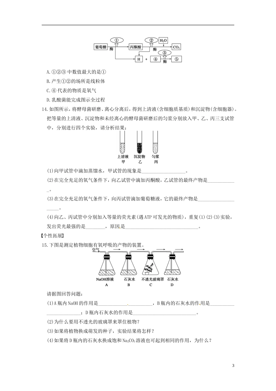 【步步高】学年高中生物 第四章 光合作用和细胞呼吸 第20课时 细胞呼吸的过程同步课时检测 苏教版必修1_第3页