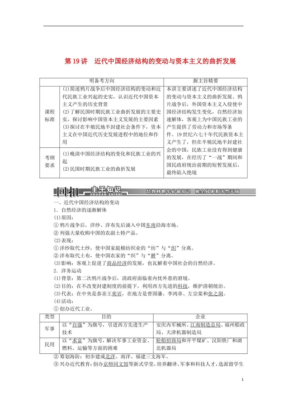 【创新方案】届高考历史一轮复习 第19讲近代中国经济结构的变动与资本主义的曲折发展学案 新人教版_第1页