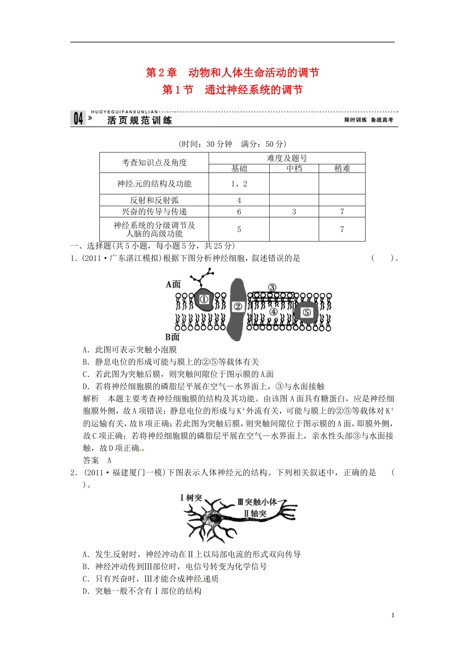 【创新设计】（江苏专用）学年高中生物 21通过神经系统的调节试题 新人教版必修3_第1页