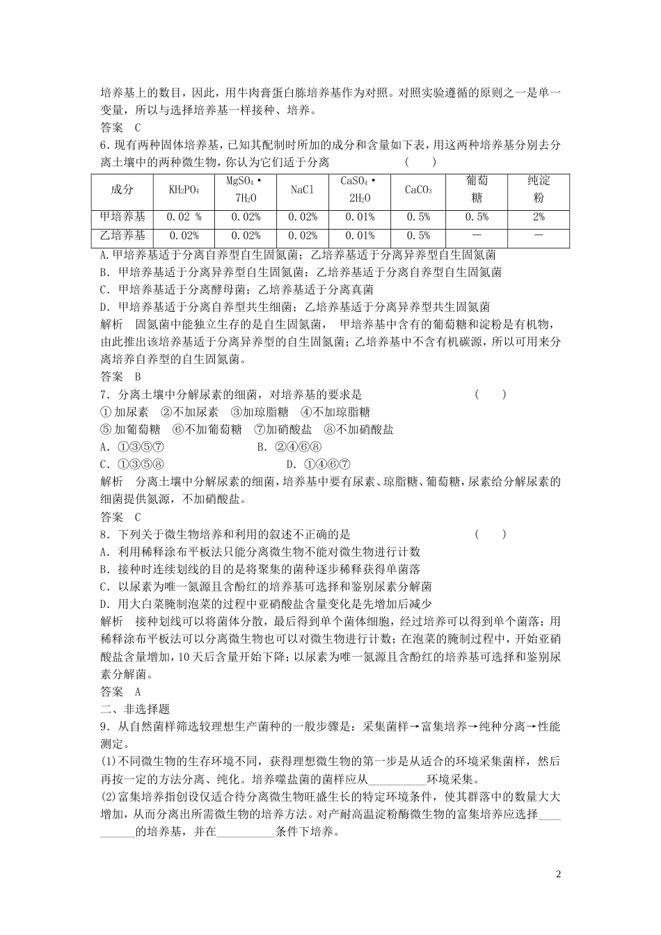 【创新设计】届高考生物一轮复习 11 微生物的利用课时训练 新人教版选修1_第2页