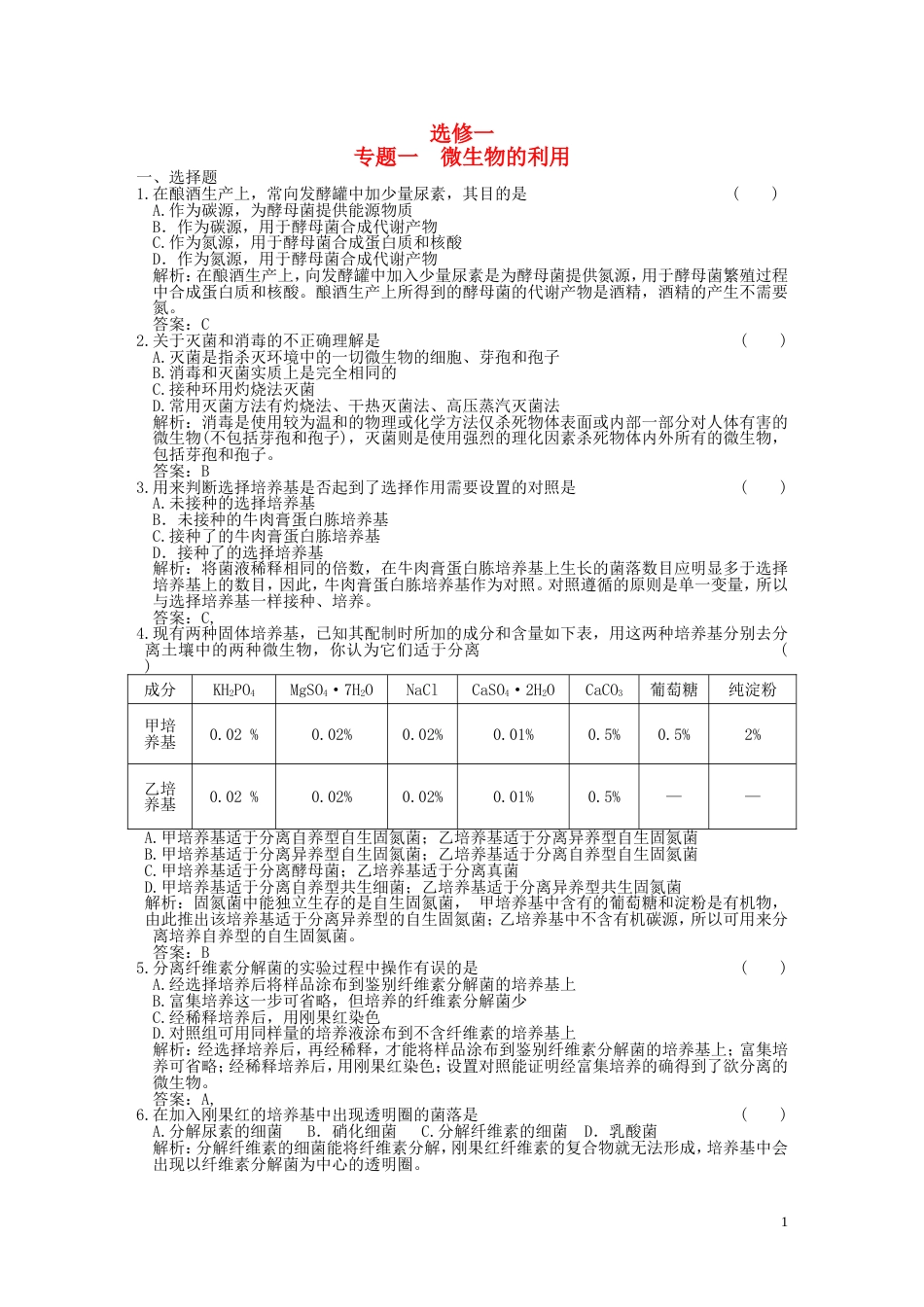 【创新设计】届高考生物一轮复习 专题1 微生物的利用随堂演练 苏教版选修1_第1页