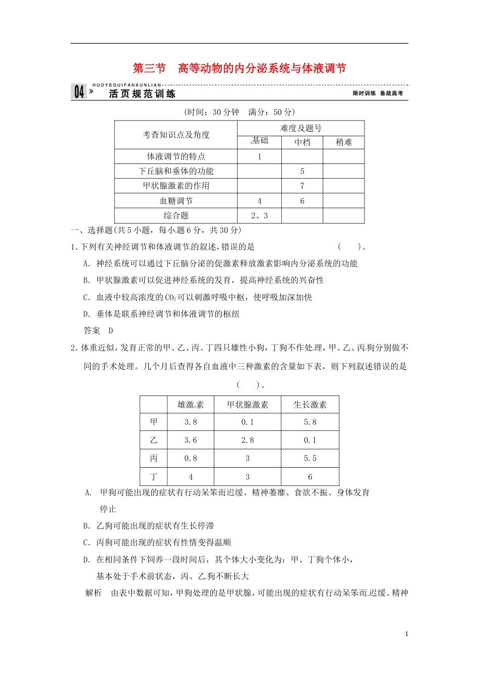 【创新设计】学年高中生物 23高等动物的内分泌系统与体液调节试题 浙科版必修3_第1页