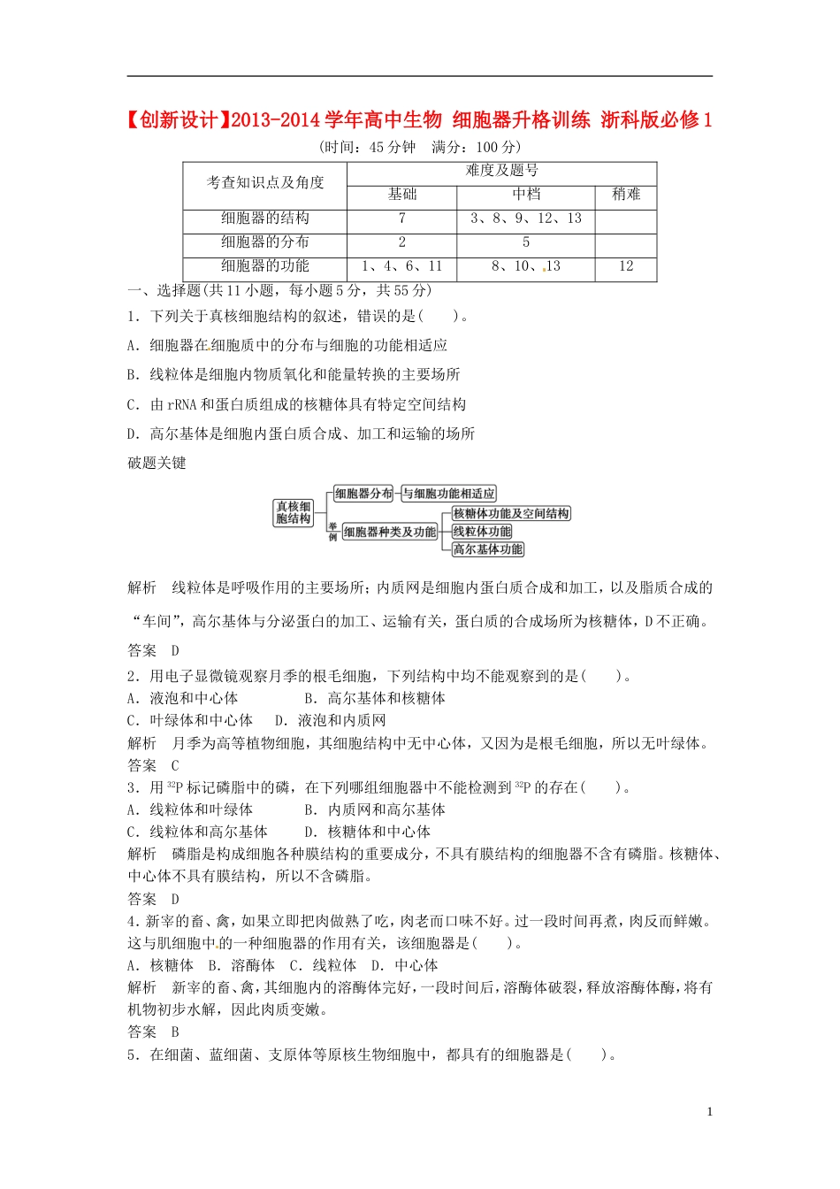 【创新设计】学年高中生物 细胞器升格训练 浙科版必修1_第1页