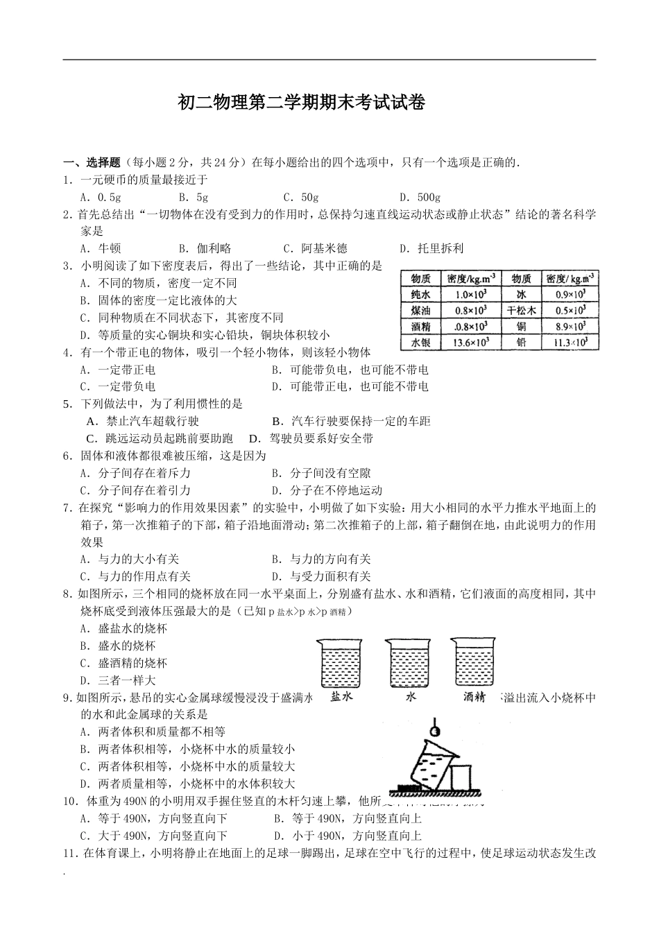八年级物理第二学期期末考试试卷与答案[7页]_第1页