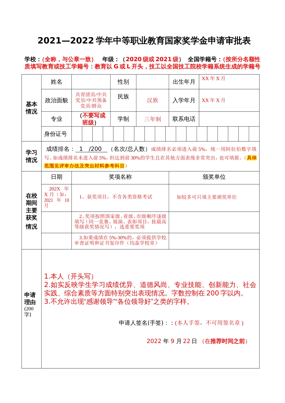 职业技能大赛：2021—2022学年中等职业教育国家奖学金申请审批表（参考格式）_第1页