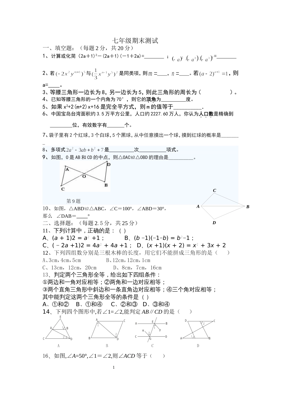北师大版七年级下册数学试卷[4页]_第1页