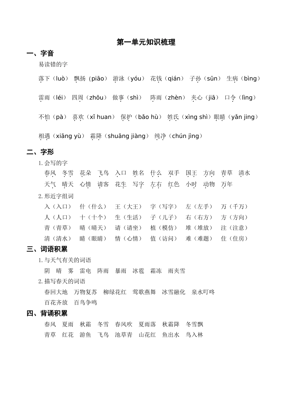 小学语文部编一年级下册单元复习资源第一单元知识梳理_第1页