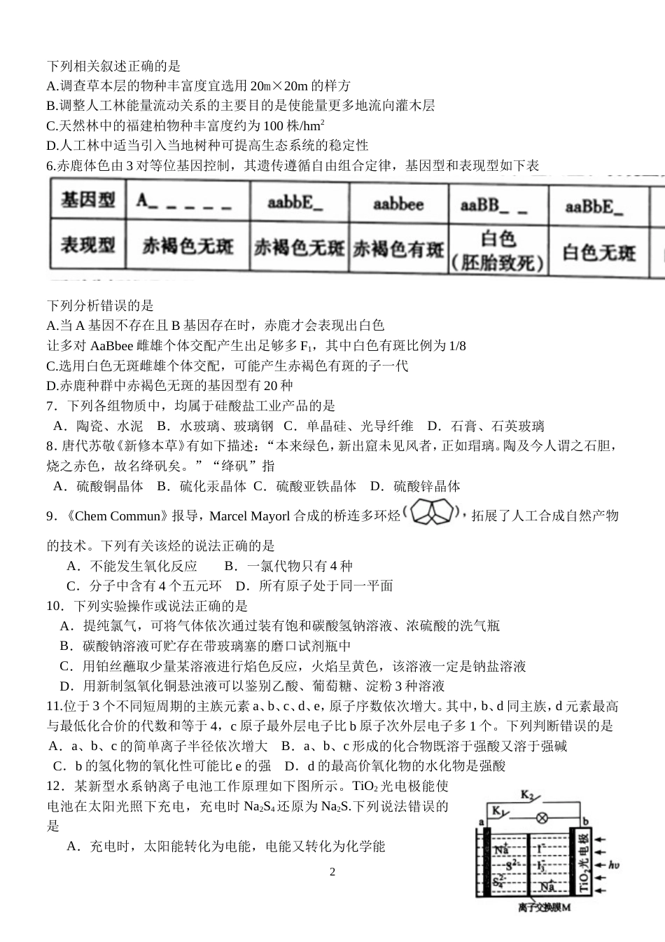 福建省高三毕业班质量检查测试理科综合试卷(word版)_第2页