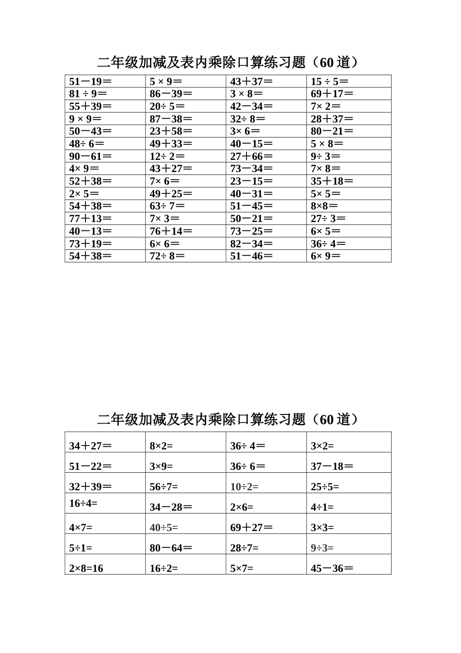 加减混合及乘除法表内乘除混合口算练习题60道题[4页]_第1页