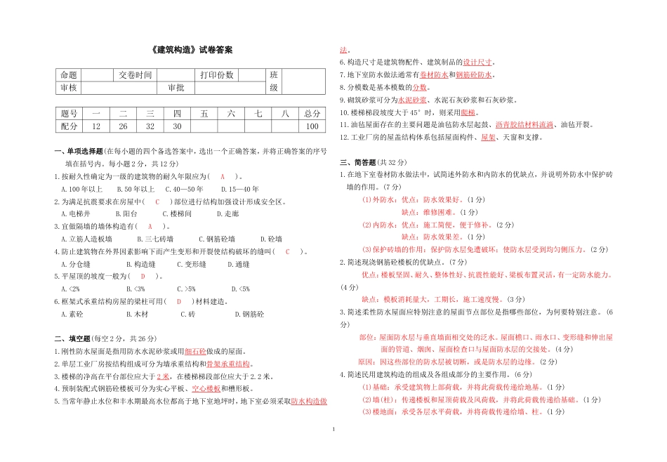建筑构造试卷1答案_第1页