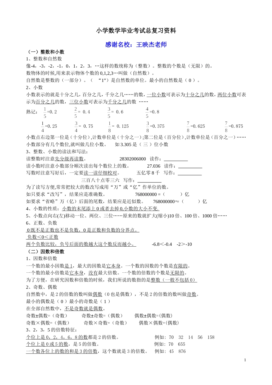 人教版小学数学毕业考试总复习资料(王映杰)_第1页