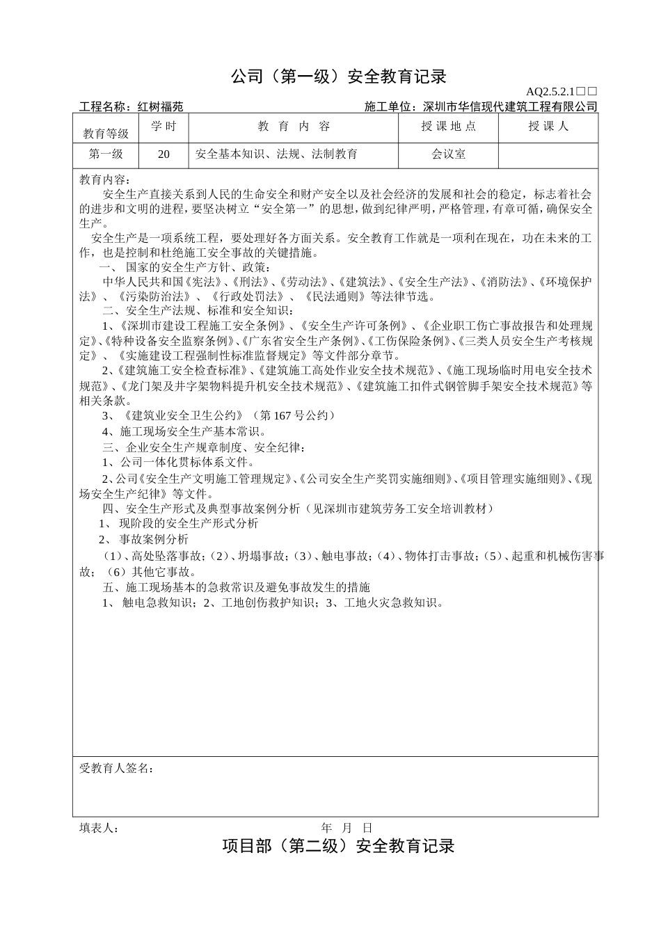 三级安全教育记录(公司、项目、班组)[15页]_第1页