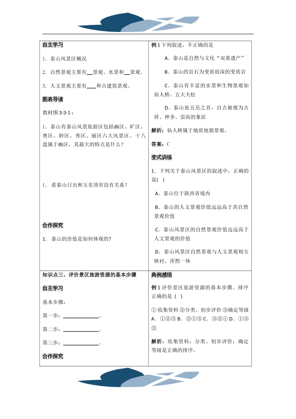 新编高二上学期鲁教版地理选修3旅游地理学案：第三单元单元活动学会评价景区旅游资源参考下载_第2页