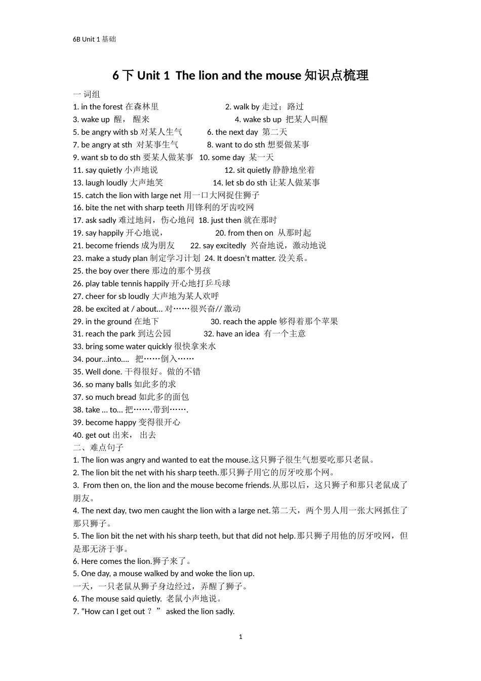 译林牛津英语六年级下册第一单元知识点复习与习题[7页]_第1页