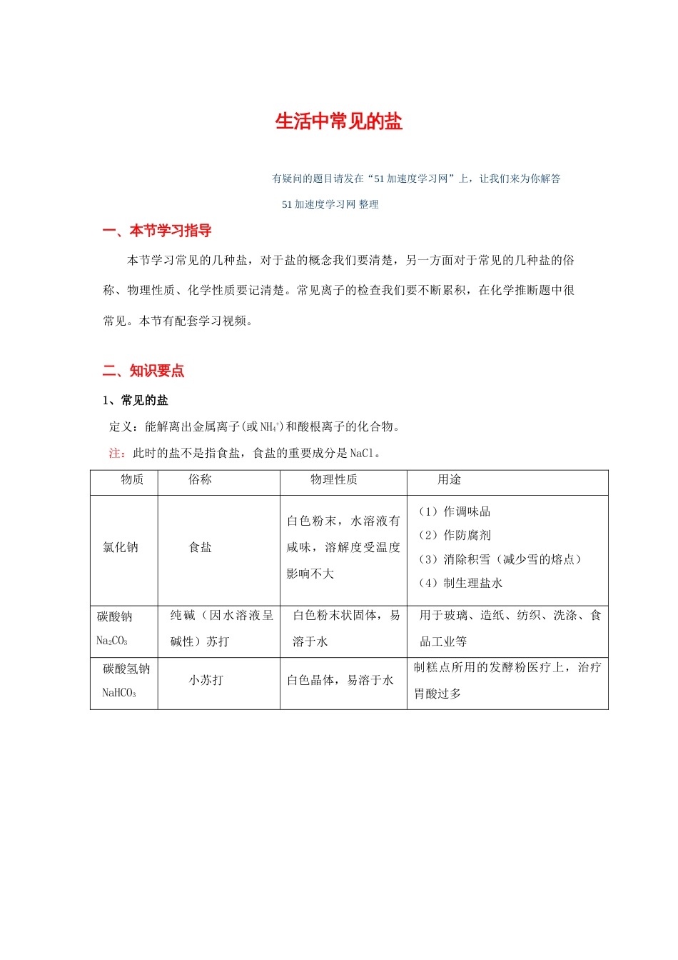 2023年九年级化学盐化肥生活中常见的盐知识点整理_第1页