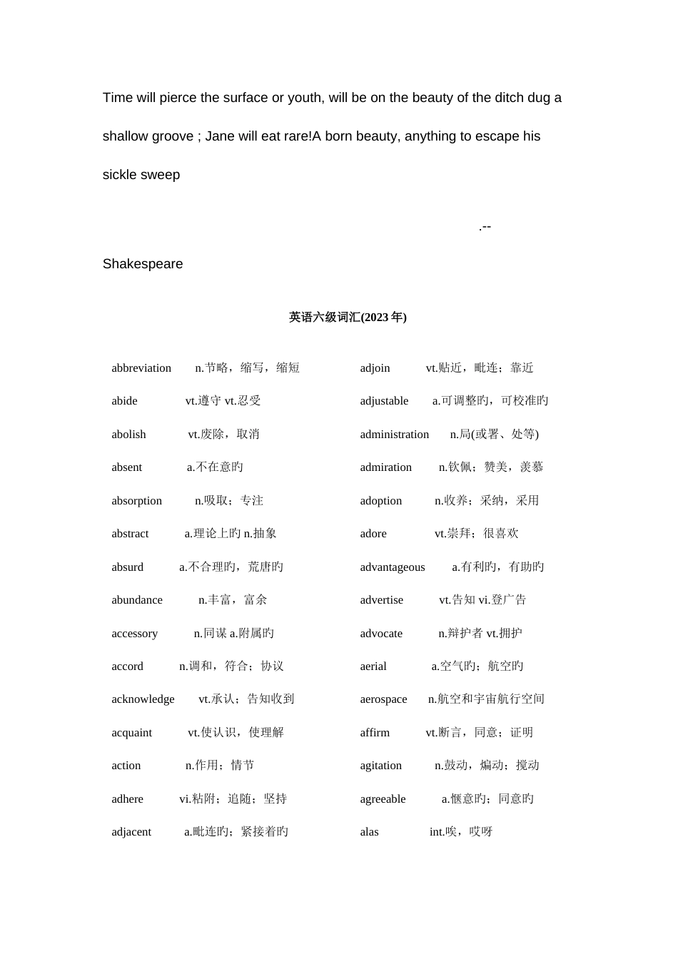 2023年大学英语六级词汇表适合打印版_第1页