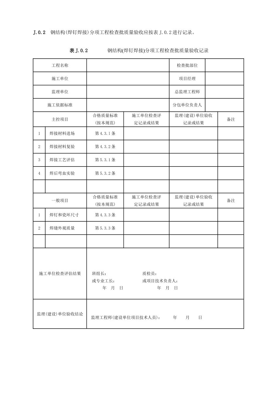 附录J钢结构分项工程检验批质量验收记录表_第2页