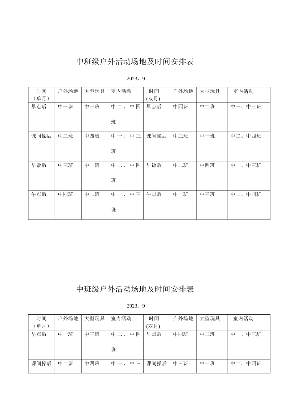 中班级户外活动场地及时间安排表_第1页