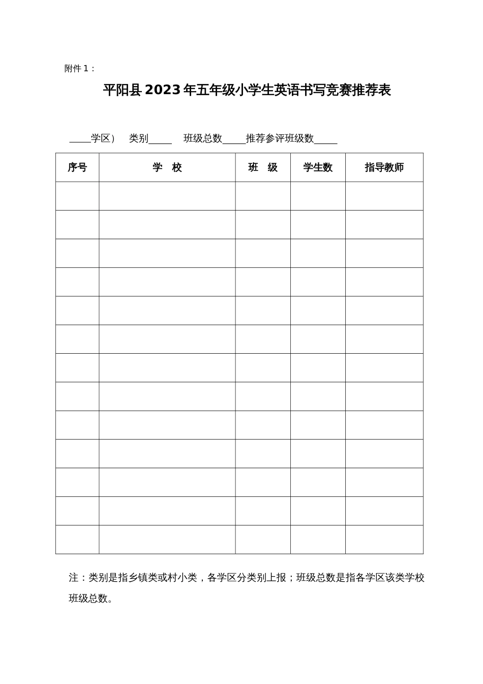 2023年平阳县五年级小学生英语书写竞赛推荐表_第1页