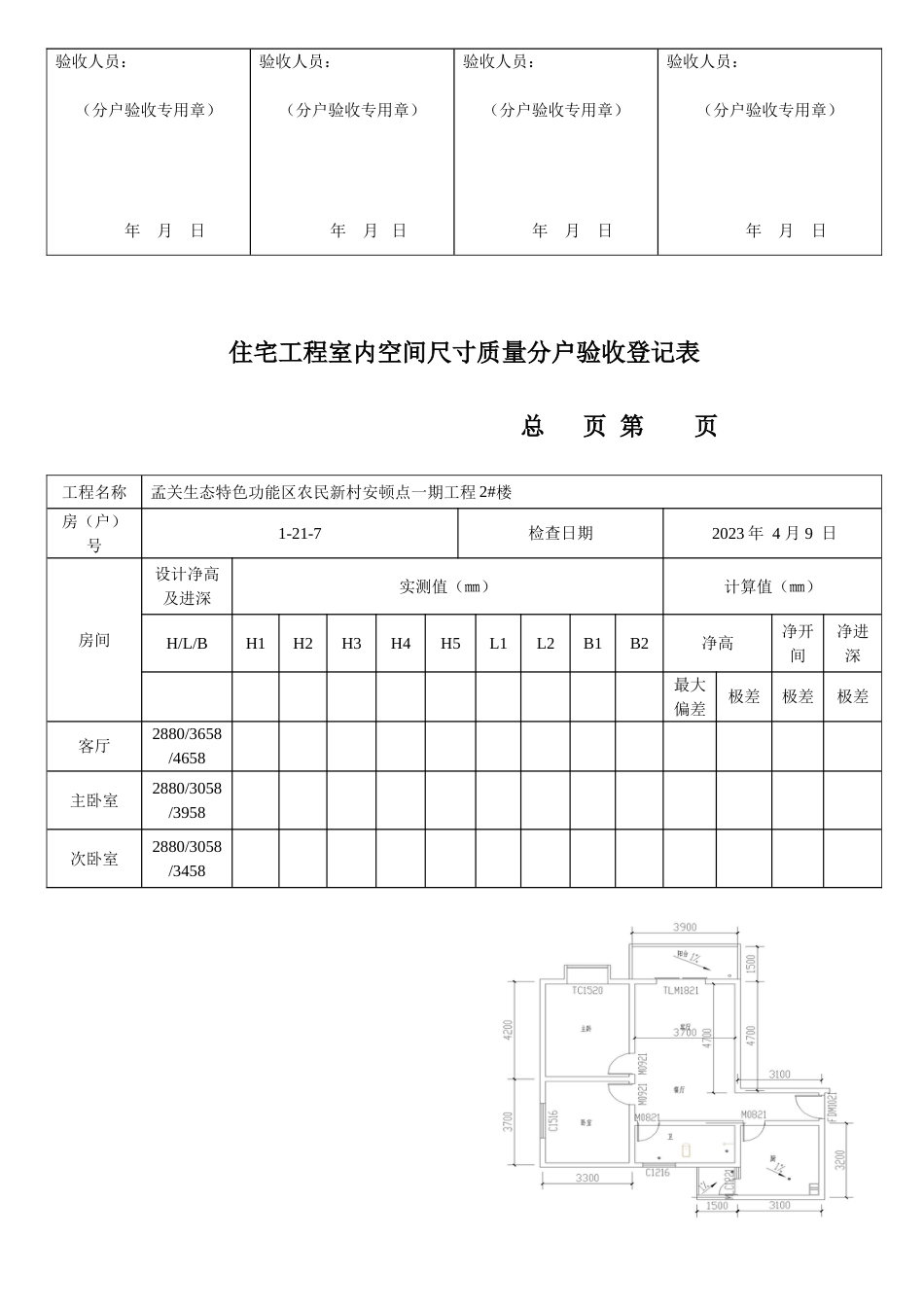 住宅工程室内空间尺寸质量分户验收记录表_第2页