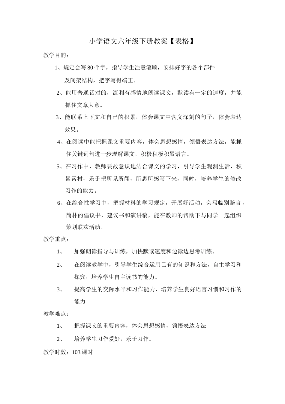 人教版六年级下册语文全册教案表格式_第1页