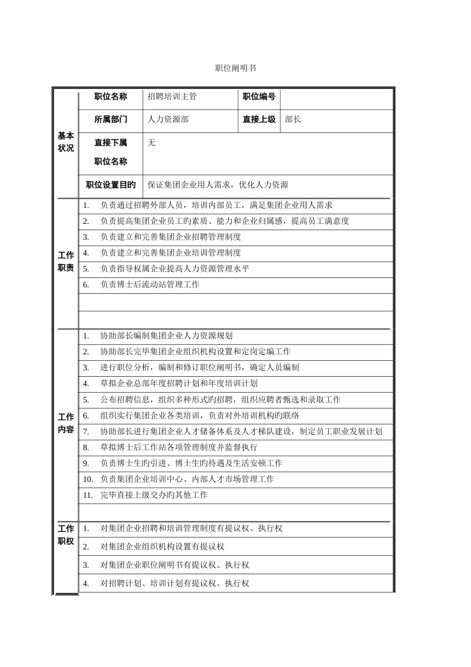 药业集团人力资源部招聘培训主管职位说明书doc_第1页