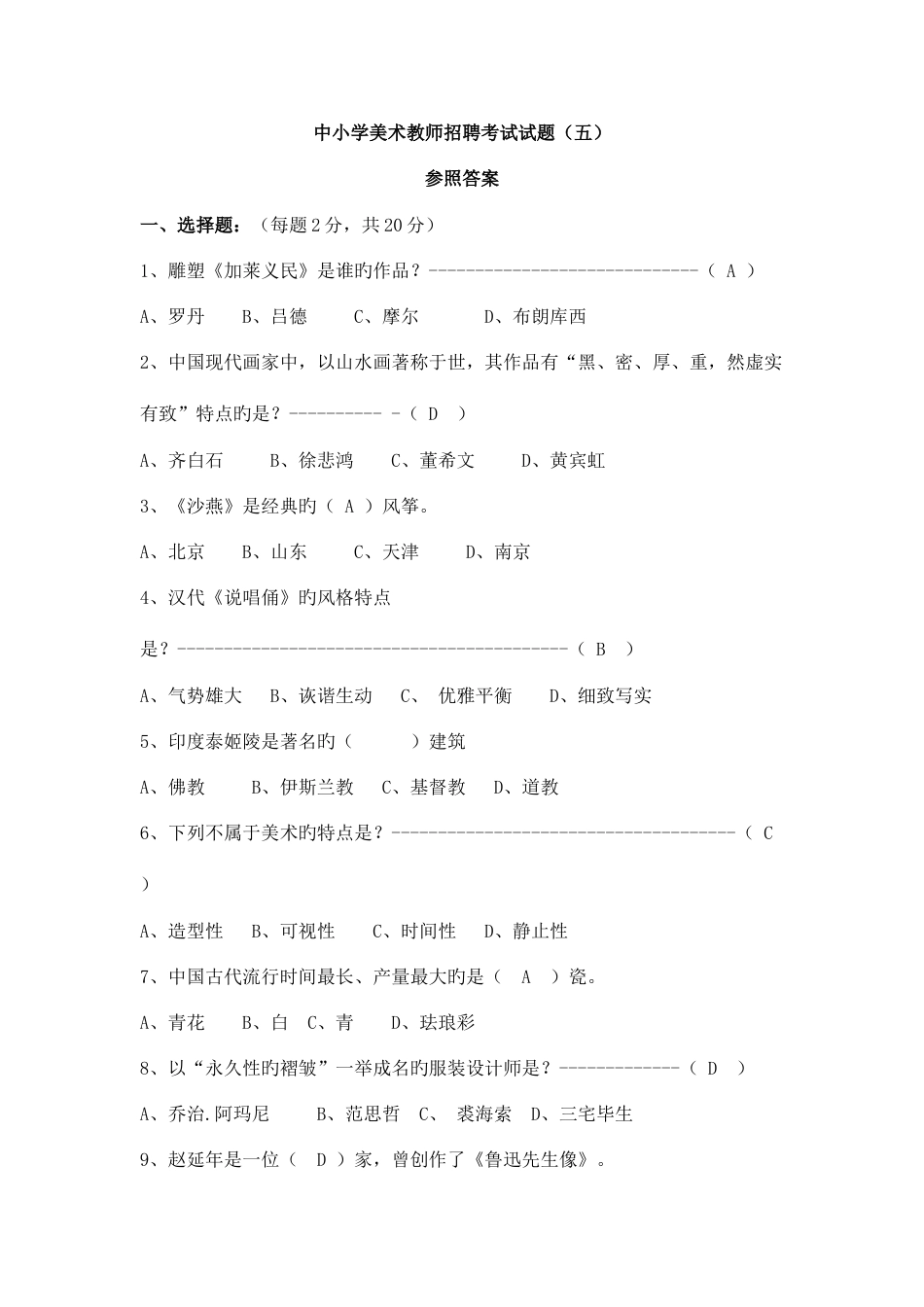 2023年中小学美术教师招聘考试试题培训资料_第1页